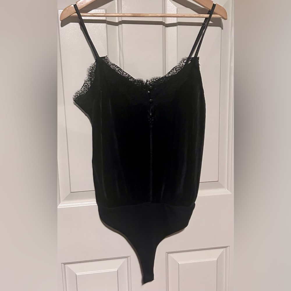 Black Lace Trim Pleated Bodysuit